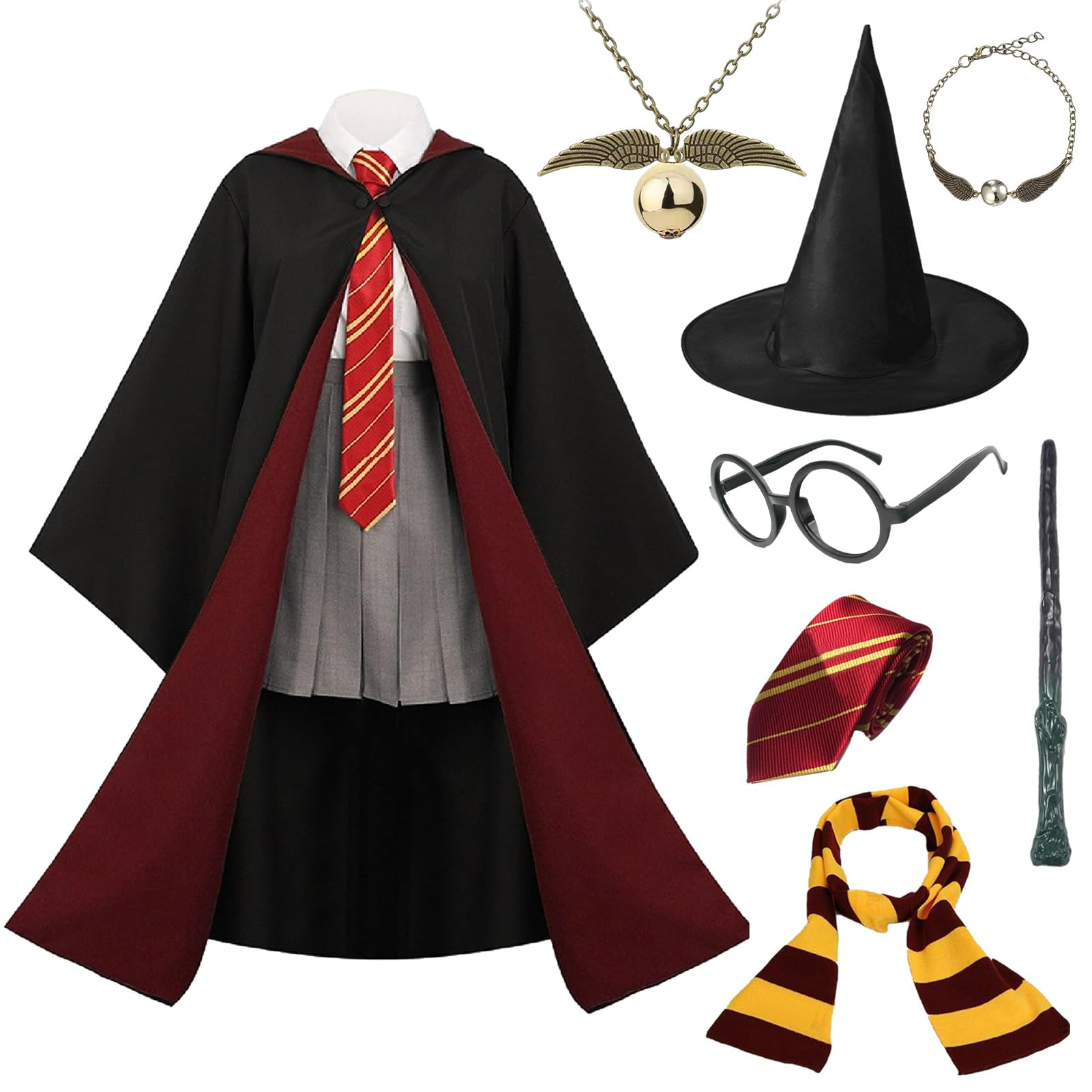 

[Formemory] Halloween Magic Cosplay Gryffindor Costume Complete Deluxe 8-Piece Set (9 Sizes) Includes Magic Wand, Necklace, Bracelet, Magic Hat, and P
