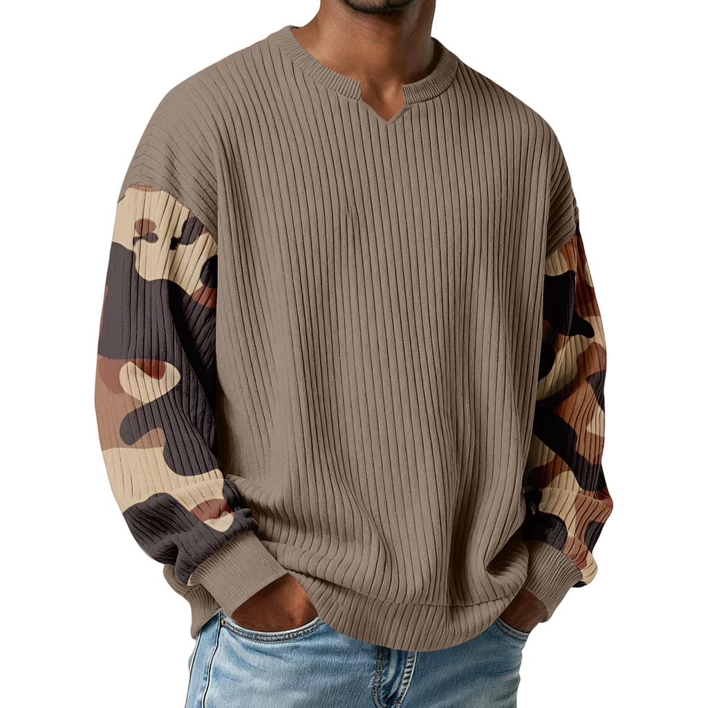 Herren Camouflage Stilvolles V-Ausschnitt Geripptes Strukturiertes Langarm-T-Shirt