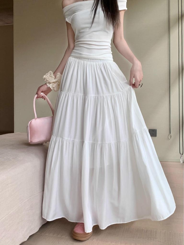 Plus Size Autumn White Pleated Midi Skirt for Women