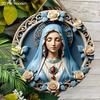 Elegant Wooden Sign with Our Lady Pattern, Unique Round Sign for Wall Front Door Hanging Decor, Ideal Festival Ornament