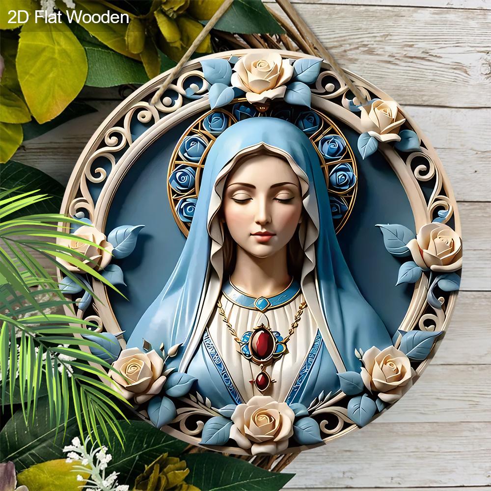 Elegant Wooden Sign with Our Lady Pattern, Unique Round Sign for Wall Front Door Hanging Decor, Ideal Festival Ornament