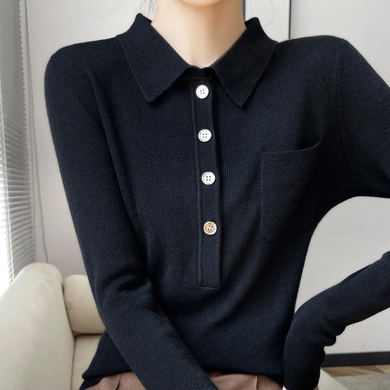 Women's Slimming Knit Wool Polo Collar Top with Pockets - Spring Style