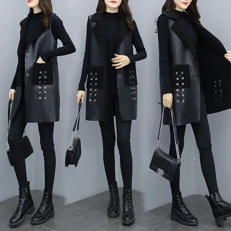 Women Autumn Winter PU Leather Vest Coat Female Long High-Grade Thick Sleeveless Jacket Plus Size Overwear Top