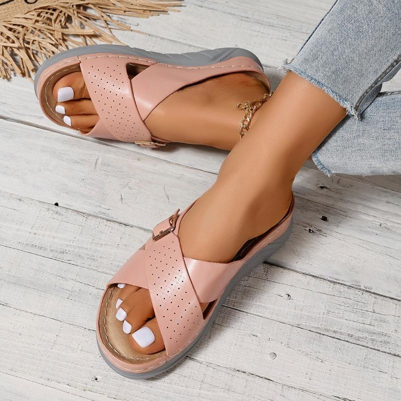 Large Size Buckle Women's Slippers Summer New Slope Heel Sandals Cross Belt Beach Cool Slippers Women
