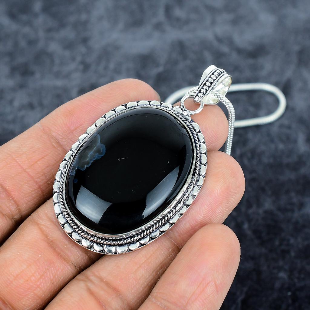 Black Onyx Gemstone Handmade 925 Sterling Silver Jewelry Pendant 2.40" M-2853