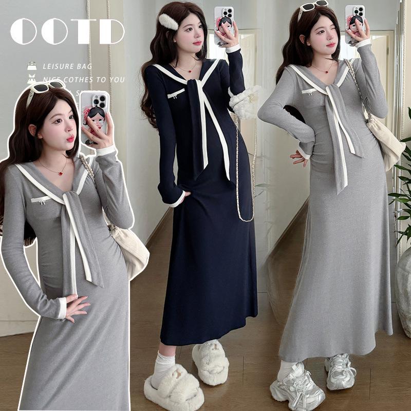 

Navy Collar Maternity Dress - Autumn/Winter Long Knit with Waist-Cinching College Style in Mousse Cashmere. L
