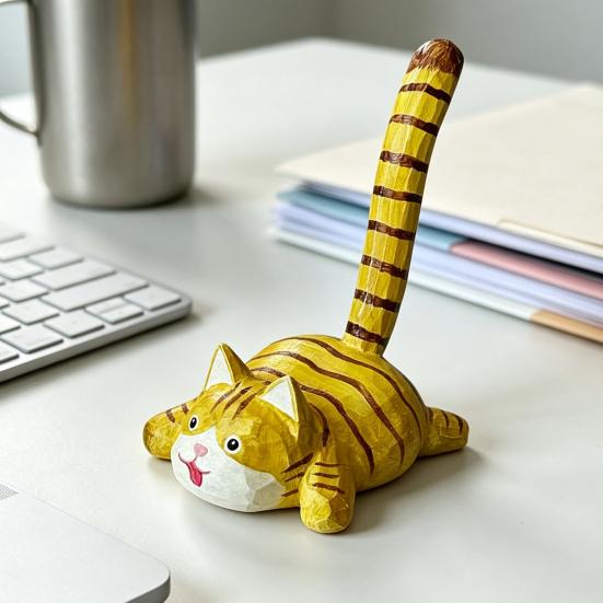 Tiger Cat Desktop Ornament Wooden Phone Stand, Ornament, Cute Artistic Sculpture Animal Holder, Handmade Decor, Creative Gift for Friends Office Desk