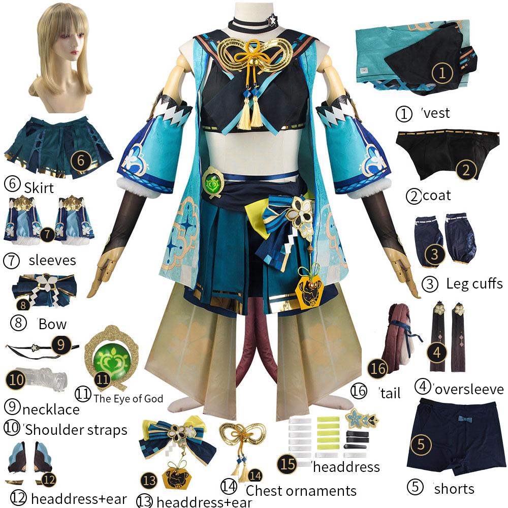 

Genshin Impact Kirara Косплей Костюм Кирара наряды юбка шорты пальто жилет головной убор хвост парик женская униформа нарядная вечеринка S