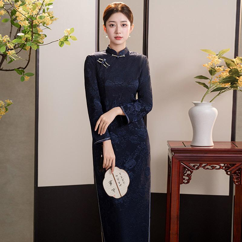 Skinny dark blue velvet winter clothing national style new Chinese long-sleeved improved cheongsam winter thick female retro mother clothing M