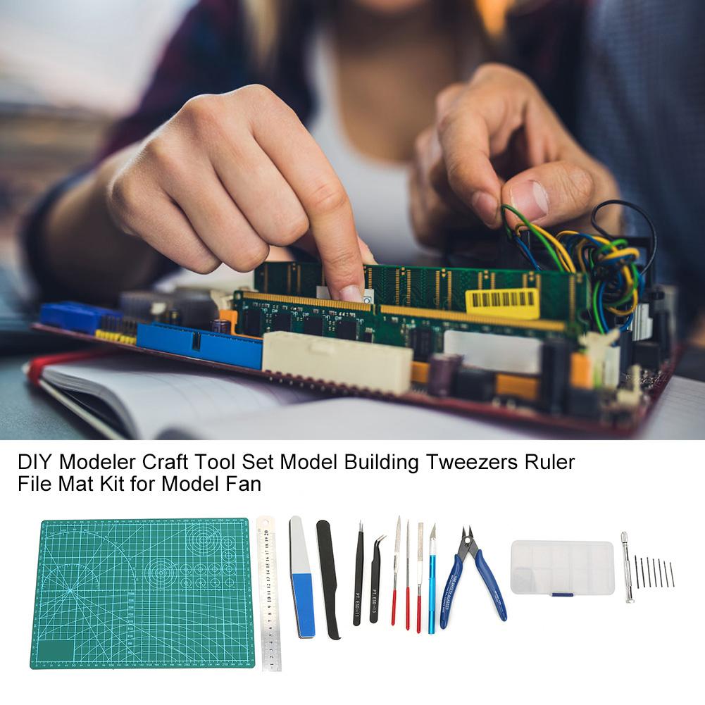 DIY Modeler Craft Tool Set Model Building Tweezers Ruler File Mat Kit for Model Fan
