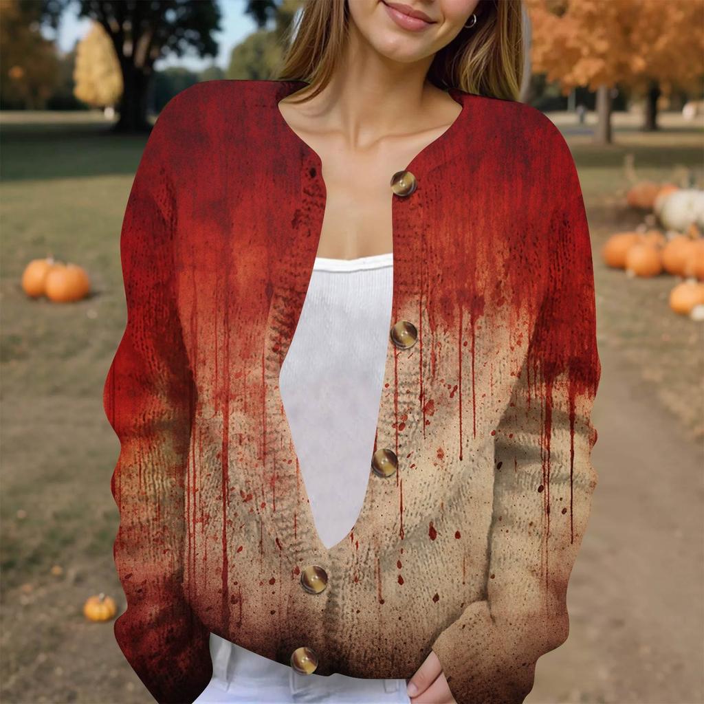 Women's Fashion Printed Long Sleeve Knitted Cardigan Button Down Jacket