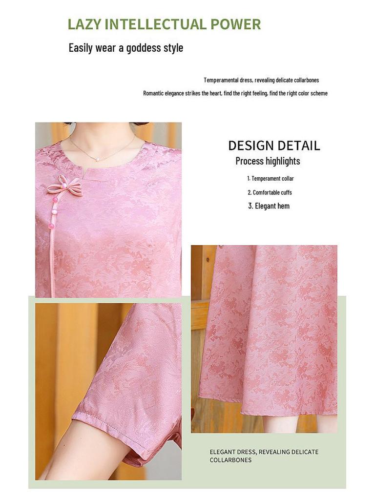 Elegancka letnia sukienka w stylu chińskim na rok 2025 dla kobiet w średnim wieku: Wyszczuplający, Modny, Design o średniej długości