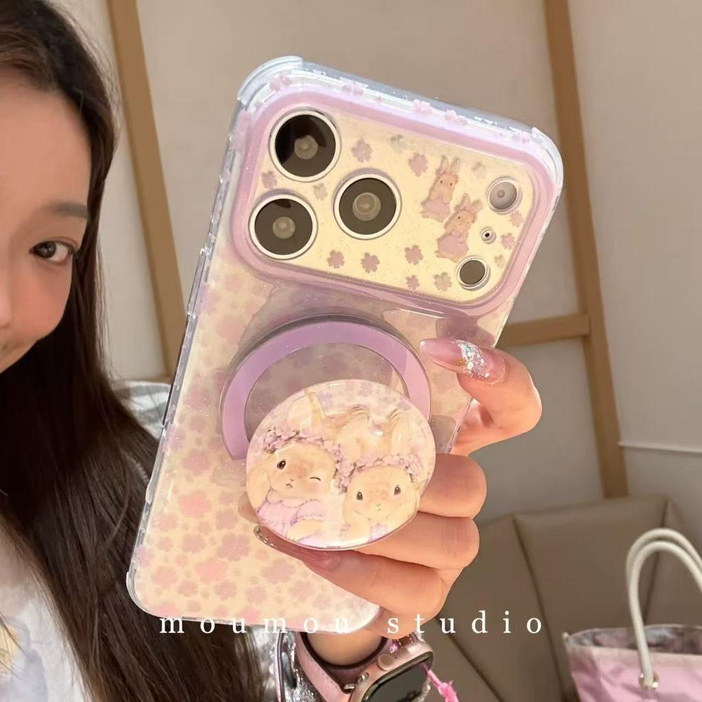 Ins Beautiful Purple Floral Rabbit Magnetic Attraction for iPhone17promax Apple 16 Mobile Phone Case 15 Bracket