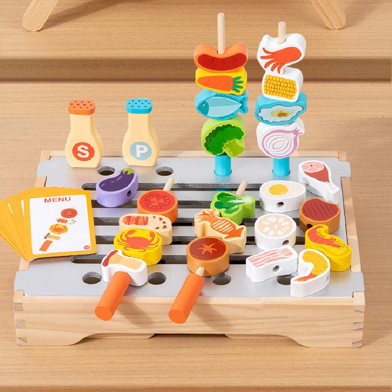 Wooden Barbecue Simulation Rack Cooking Family Interactive Children Set Toy