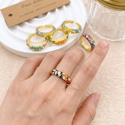 Classic Vintage Geometric Rings Engraved Gold Plated Ring Colorful Enamel Flower Rings  Engagement