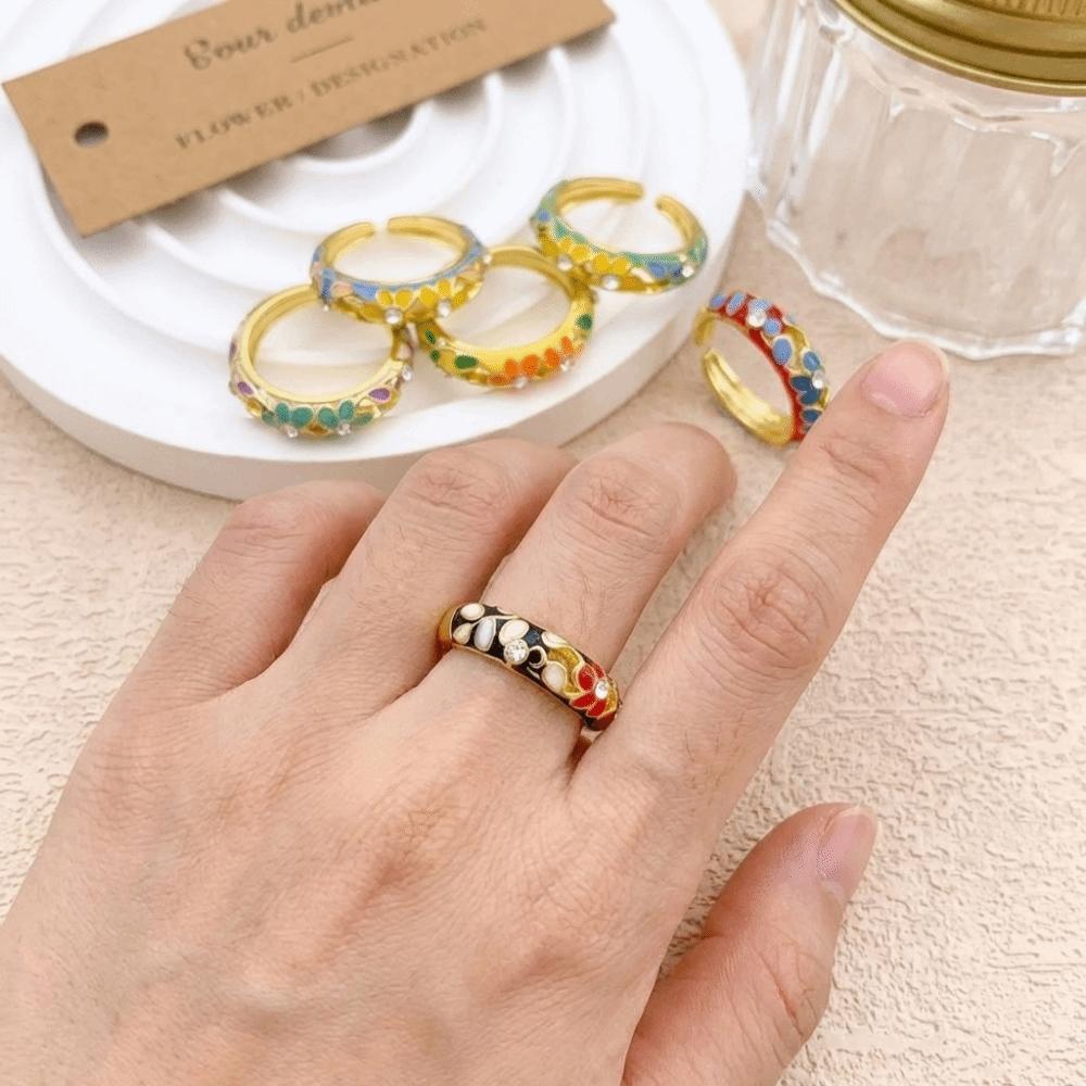 Classic Vintage Geometric Rings Engraved Gold Plated Ring Colorful Enamel Flower Rings  Engagement