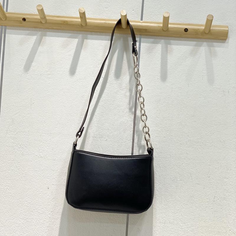 Korean Style Black Patchwork Metal Ring Underarm Baguette PU Shoulder Bag - Vintage Women's Crossbody Handbag