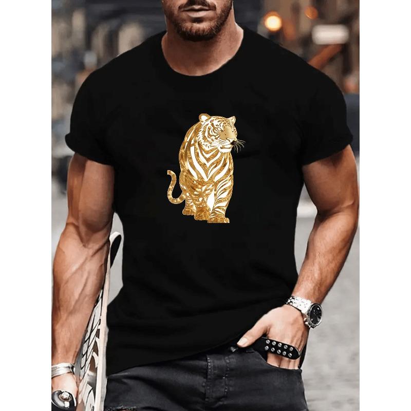 

European sizes National Trend Golden Tiger Print | Casual Short-Sleeved T-Shirt, Easy and Fashionable for Men, 4XL чорний