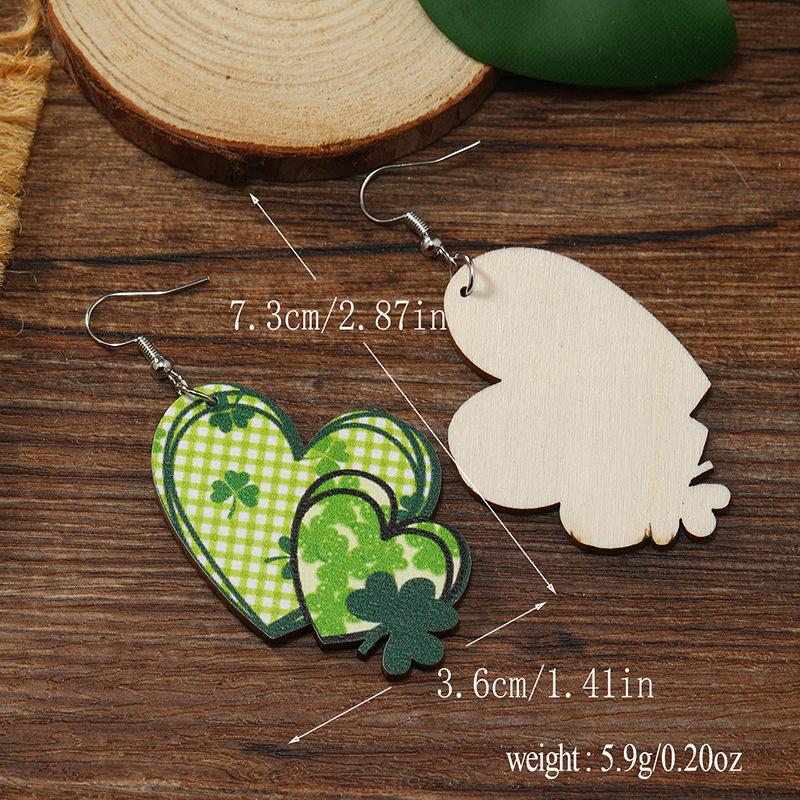 European Clover & Heart Wooden Earrings with Cartoon Charm