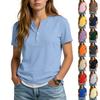 Dam Casual Färg V-ringad Kortärmad T-shirt Med Dekorativa Knappar.