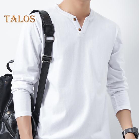 Men Fall Spring Top Buttoned V Neck Long Sleeves Pure Color Loose Pullover T-shirt Daily Wear Sport Homewear Clothes