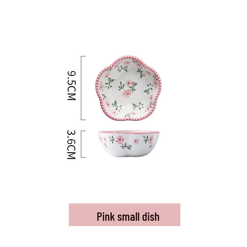 Charming Floral Ceramic Tableware Set: Underglaze Soup & Noodle Bowl, Deep Plate, Flower-Shaped Rice Bowl