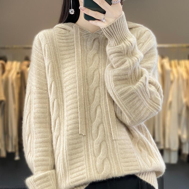 Women's Twisted Flower Cable Knit Wool Hoodie – Thick Pure Wool Sweater for Autumn/Winter