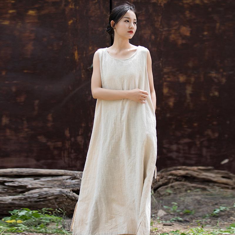 2025 Autumn/Winter Women's Cotton & Linen Ramie Tie-Up Sleeveless Dress - Long Artistic Skirt for Home & Travel