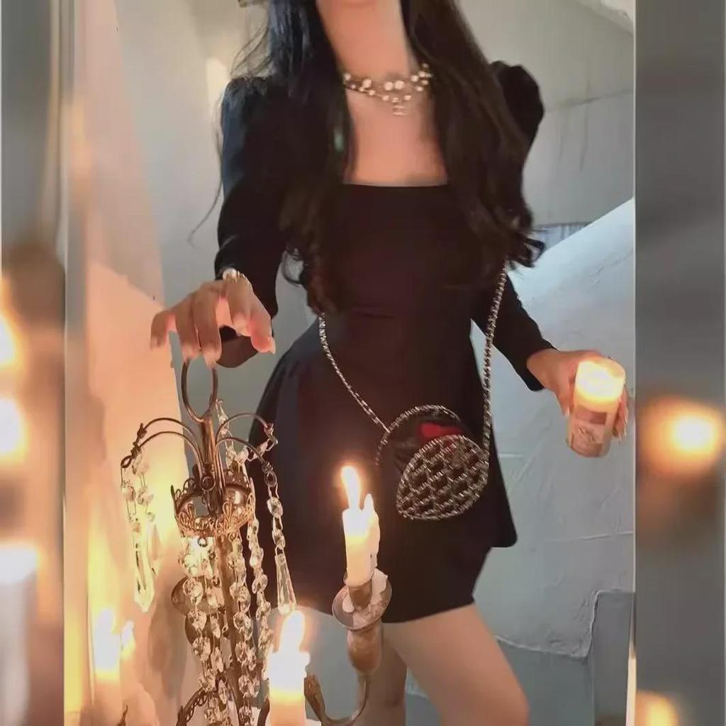 Elegant French Square Neck Dress - Women's Autumn 2023 Waist-Slimming Long Sleeve