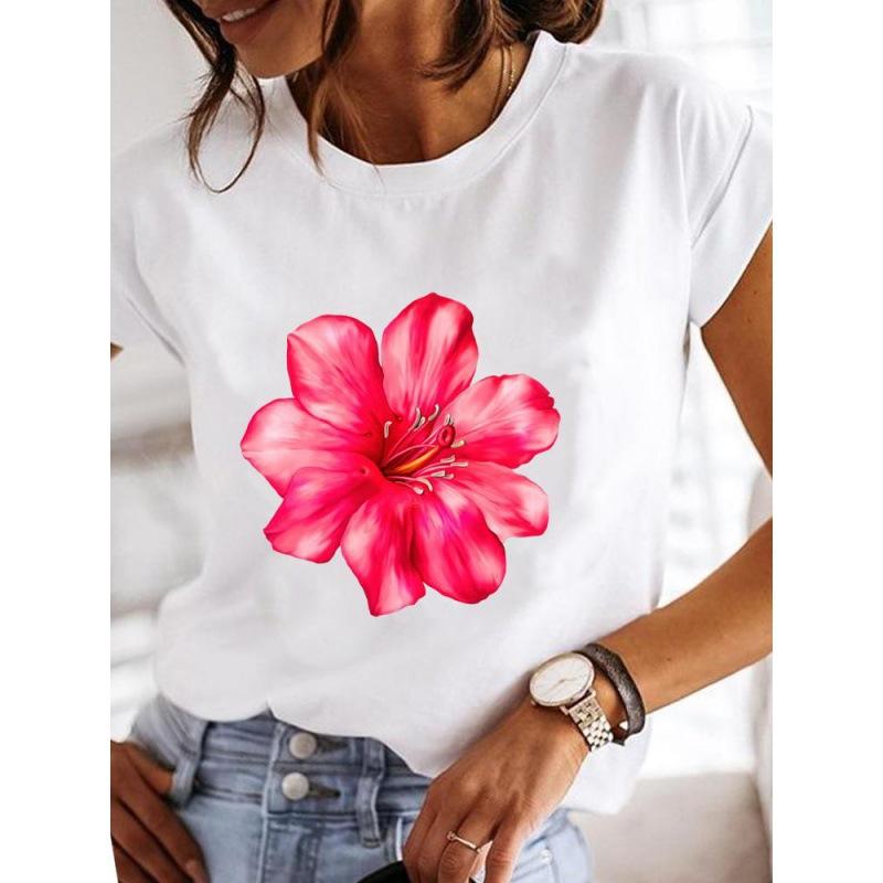 Spring Summer Women's Clothing Love Flower Plant Printed Casual Simple Trendy Top Round Neck Pure Cotton Short Sleeved T-Shirts Women’s