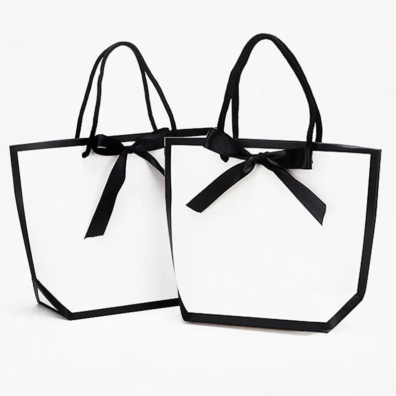 5pcs Ribbon Bow White Pardboard Paper Tote Gift Bags with Handles Shopping Party Wedding Party Birthday Retail Bags