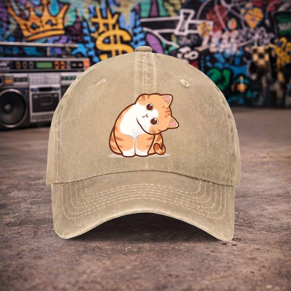Pc Pcs Unisex Vintage Washed Baseball Cap with Orange Cat Print Duckbill Hook Loop Closure Suitable for Parties Daily Wea