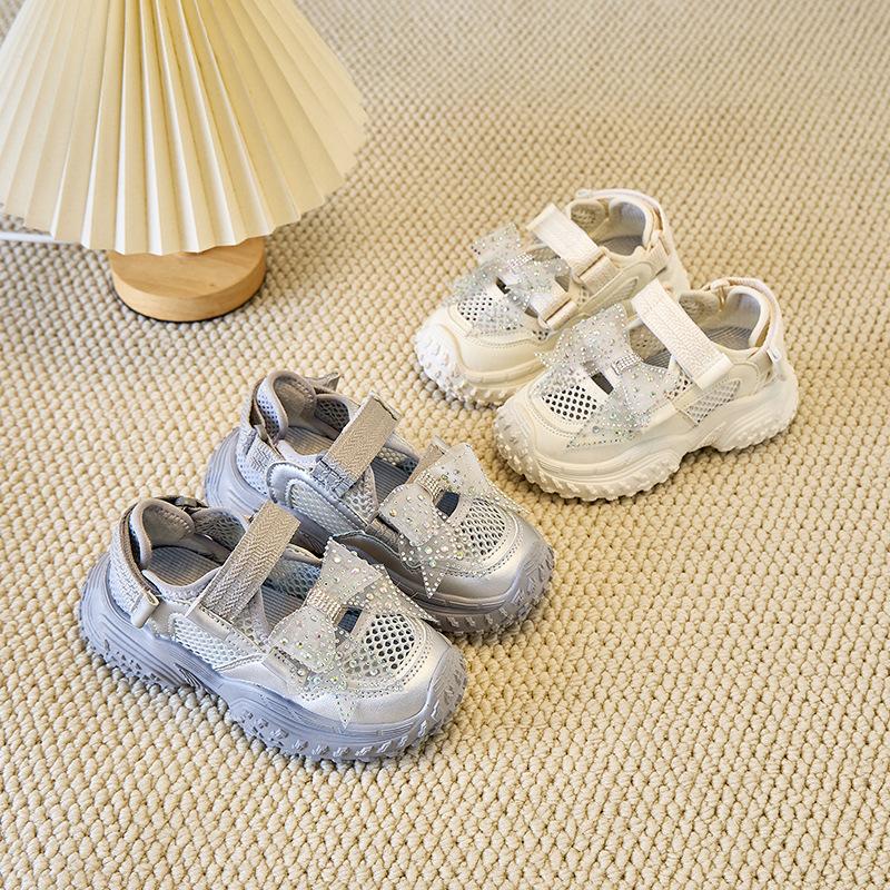 Kids Sports Sandals Casual Mesh Breathable Girls Princess Shoes Shiny Lace Bow 2025 Summer Children Running Shoes Non-slip Trend