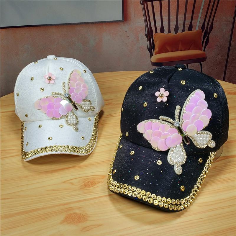Fashion trendy versatile hat women's butterfly rhinestone belt diamond cap women's fashionable sunscreen baseball cap