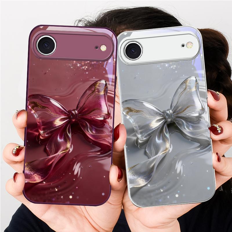 Transparent crystal bow For iPhone 17 Air 16E 15 14 13 Plus 12 mini 17 Pro Max 11Pro XR X 16E 7 8 11 Tempered Glass Phone Case