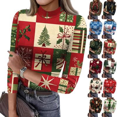 Women's Slim Bottom T-shirt Fashion Casual Christmas Printing Round Neck Pullover 3/4 Sleeve Top
