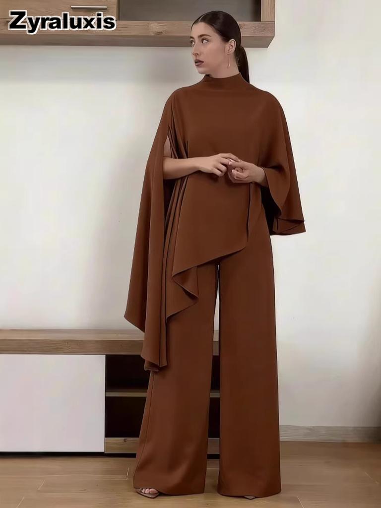 New Fashion Women's Long Sleeve Irregular Top High Waist Slim Fit Wide Leg Pants Set