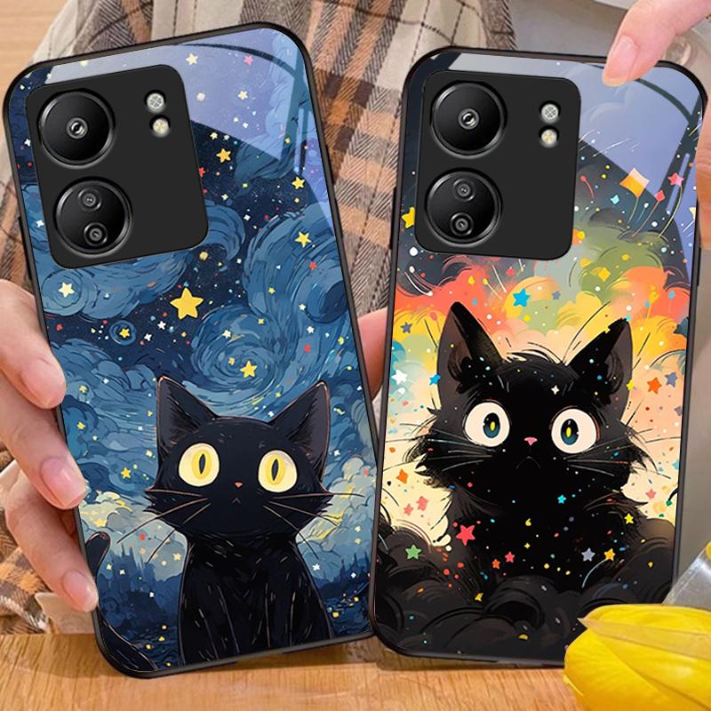 Roztomilý malý černý kočička Pro Xiaomi Redmi 13C Note13 12 Pro Plus 5G Note 9 13T Pro POCO X6 F5 F6 Černý tvrzený skleněný kryt na telefon