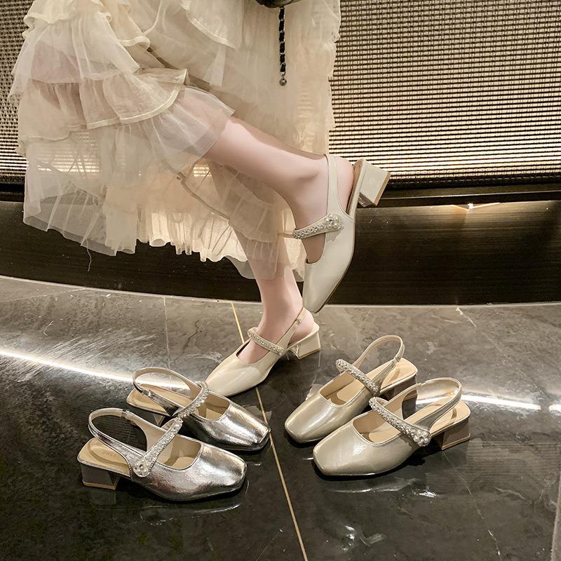 Thick Heel Mary Jane Bag Head Sandals Women's Summer New Rhinestone One-word Square Head Light Mouth Single Shoes