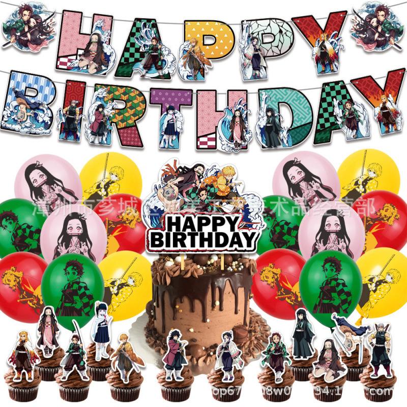 Zestaw Dekoracji Urodzinowych Demon Slayer Baner Happy Birthday Toppery na Tort Balony Lateksowe Dla Fanów Anime Akcesoria na Imprezę dla Dzieci