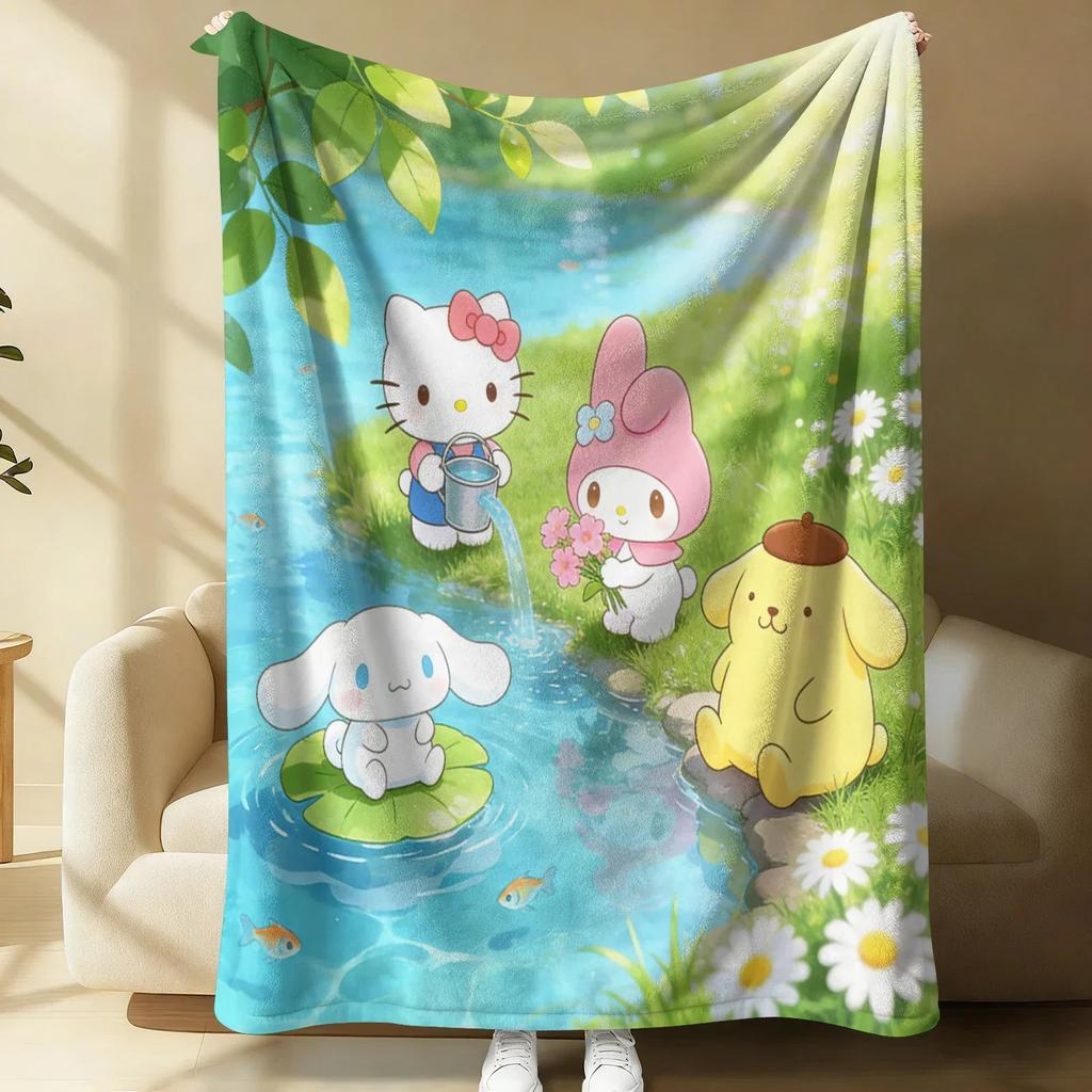 Sanrio Spring Forest Flannel Blanket Kawaii Hello Kitty Print Soft Warm Fluffy Throw Bed Sofa Cover Nap Office Shawl Summer