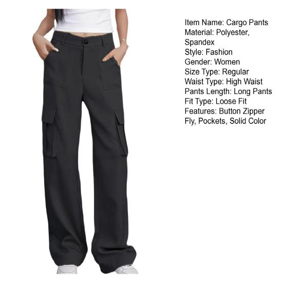 Women Cargo Pants High Waist Button Zipper Fly Casual Trousers Solid Color Loose Fit Multi-Pocket Design Long Pants