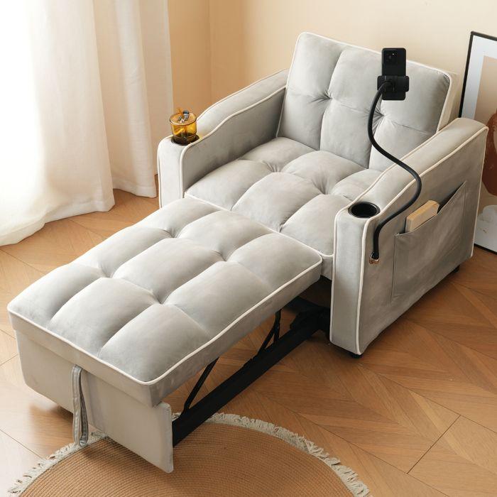 Divano - 3 in 1 estensibile - 83x167x76 cm - Velluto e schiuma ad alta densità - Portabicchieri, supporto telefono