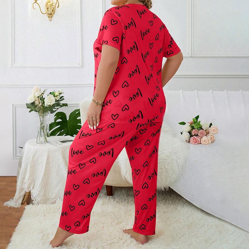 European & American Style Women's Plus Size Heart Print Pajama Set - Short Sleeve, Crew Neck, Long Pants
