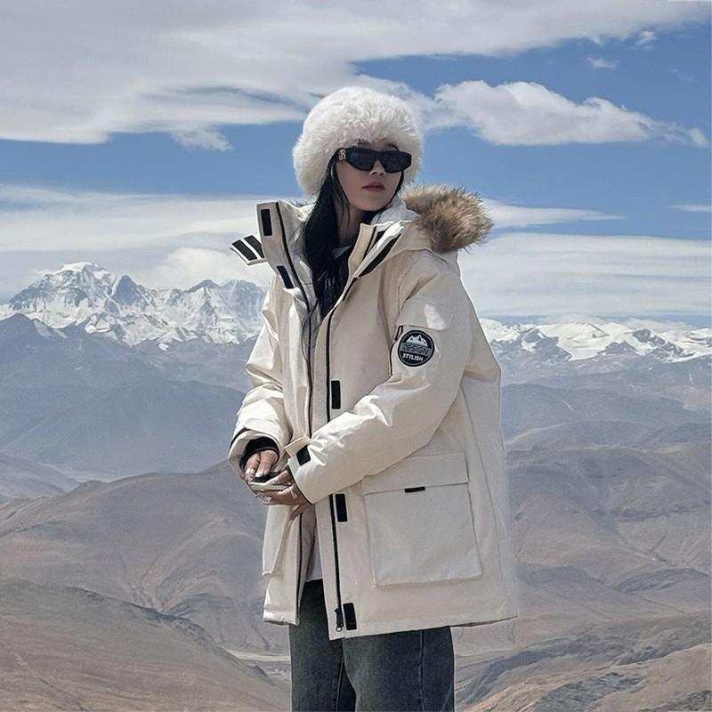 Workwear Parka Puffer Coat Winter Mid-Length Cotton Jacket With Faux Fur Trim Loose Fit Couples Outerwear