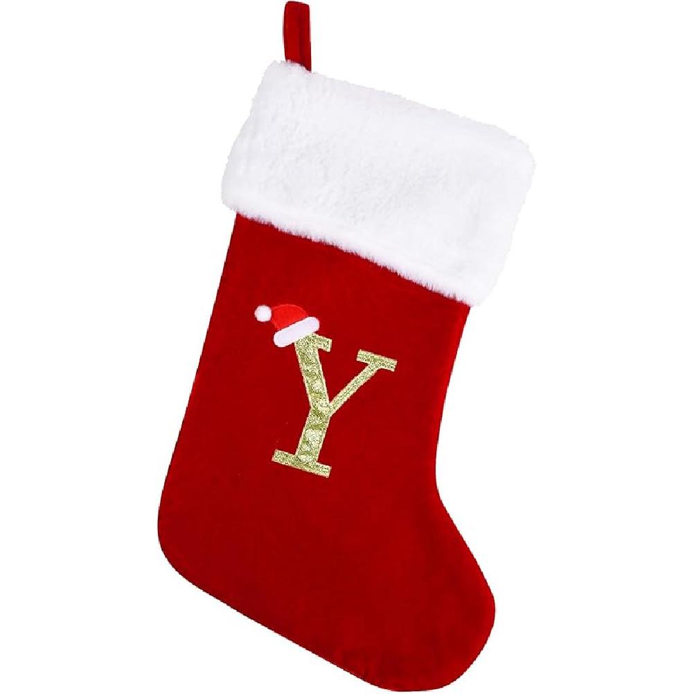 20 Inches Monogram Christmas Stockings with Letters, Large Super Soft Christmas Stockings Red Velvet with White Super Soft Plush Cuff for Christmas