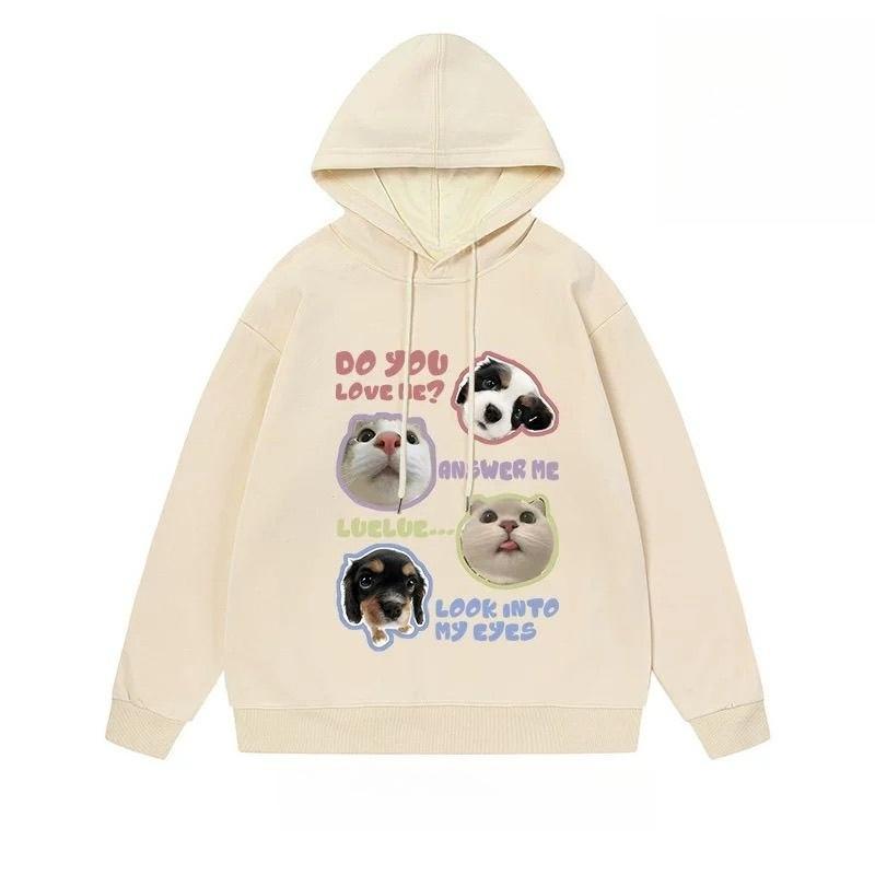 American Fashion Street Retro Cat and Dog Head Print Fall New Unisex Children's Warm Loose Plus Size Sports Hoodie Jacket