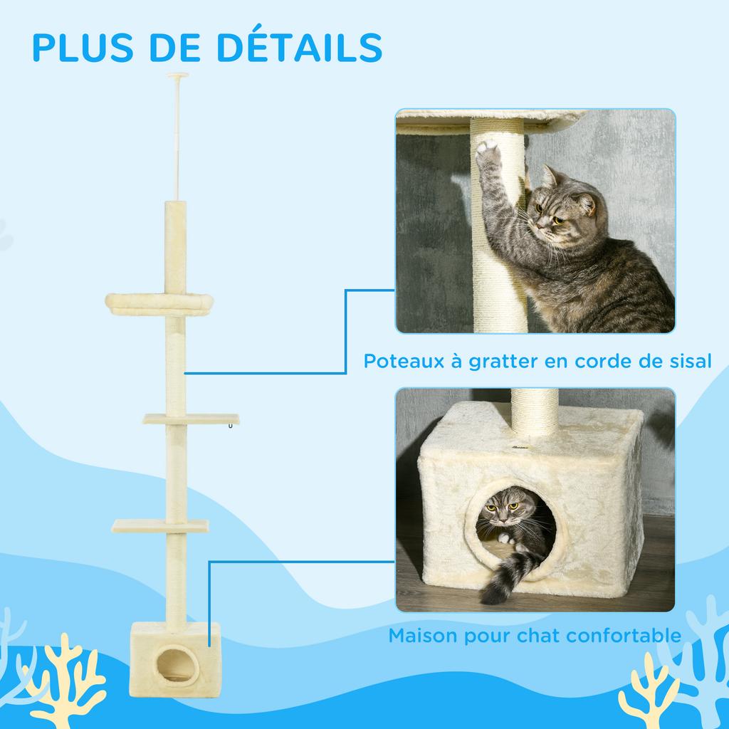 Cat Tree Scratching Post Adjustable Height Dim. 440L x 31D x 240 - 270H cm 4 Activity Levels with Condo