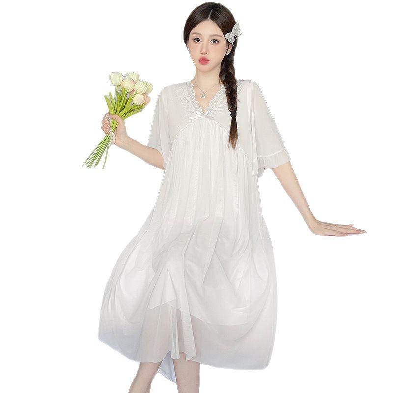 Princess Ling Lei French Nightdress Women'S Summer Mesh Sweet Pure Wind Short-Sleeved Long Dress Pajamas Loungewear