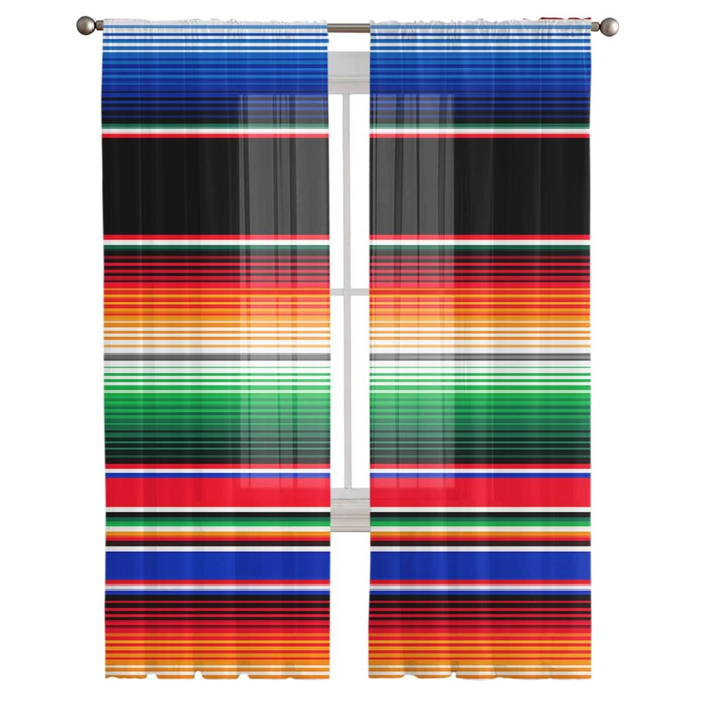 Colorful Mexican Stripes Bedroom Transparent Sheer Curtains Holiday Decoration Window Voile Tulle Curtain